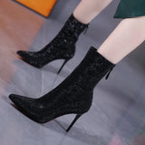 Zingj Boots Women's 2024 Autumn And Winter New Fashion Pointed Rear Zipper High Heel Ankle Boots Thin Heel Fashion Women's Boots-Outfit