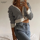 Women Houndstooth Print Vintage Cardigan V Neck Elegant Chic Autumn Fashion Jumper Ladies Streetwear Crop