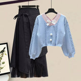 Zingj Women Winter Patchwork Long Sleeve Knitted Tops + Asymmetric Skirt 2 Piece Suit Female Party Elegant Two Piece Set 102-1-Outfit