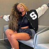 Baseball Jacket Faux Leather Patchwork Long Sleeve Button Varsity Bomber Coat Y2K Letter Harajuku Hip Hop Women