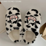 Shoes Flocky Fur Cartoon Animal Dairy Cow Desgin Slippers for Woman Fluffy Upper Antislip House Flat