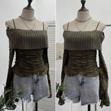 Real Shooting Of Waste Soil Wind Word Leakage Collar Collar Collar To Make Old Hole Sling Knitted Shirt With Short Sweater