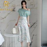 Women 2 Piece Suits 2020 Summer Sexy Blue Off Shoulder Shirt Tops + High Waist Print Long Party Beach Skirt