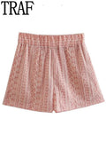 Pink Shorts Set Woman 2 Pieces Summer Embroidery High Waist Bermuda Shorts And Top Set Vacation Outfits For Women 2025 211-0-Outfit