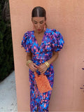 Women's Floral Print Cut Out Midi Dress Elegant Puff Short Sleeve V Neck Split Slim Vestido New Female Summer Party