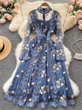 Autumn Gauze Sweet Party Dress Women Embroidery Long Sleeve A Line Female Fashion Streetwear Long Print Evening