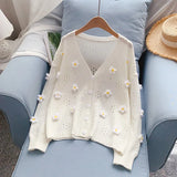 flowers sweater jacket hollow knit sweater small yellow flower cardigan women's thick