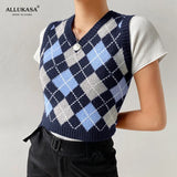 Sweater Vest Women Black Sleeveless Plaid Knitted Crop Sweaters Casual Autumn Preppy Style 2020 tops V Neck