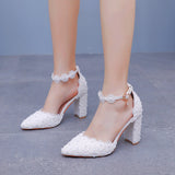 Lace Pointed Women's Singles Lace Wedding Dress Shoes Spring Thick Heel Sharp Sandals White Wedding Shoes