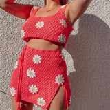 Floral Crochet Crop Cami Top and High Waist Split Skirt Summer Knitted Suit Beach Vacation Two Piece Set Women