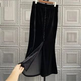 Autumn Women Fashion Office Lady Ruffle Black Skirt Golden Velvet High Waist Calf-Length Midi Fishtail Skirts Jupe