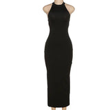 Black Halter Backless Maxi Dress With Back Straps-Outfit