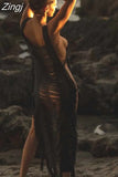 Sexy Knitted Hollow Out Midi Dress for Women Summer Beach Square Neck Side Slit Straight Long Dress Party