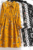 Women Casual Spring Autumn Dress Korean Style Vintage Floral Printed Shirt Dress Long Sleeve Elegant Bow Midi Summer