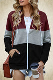 Sleeve Color Hooded Sweatshirt Women's Cotton Blend Zipper Pocket Cardigan