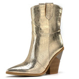 Faux Leather Cowboy Ankle Boots for Women Wedge High Heel Boots Snake Print Western Cowgirl Boots Silver Gold White