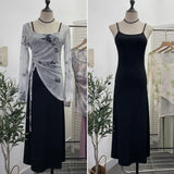 Dizzling U-Neck Rope Long-Sleeved Mesh Yarn Coat + Sling On The Back Of The Long Dress Two Sets