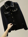 Summer New Tweed Patchwork Chiffon Shirt Blouse Women Vintage Long Sleeve Gold Chain Pearls Weave Tassels Pocket