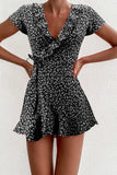Women’s Floal A-Line Dress Sweet Elegant Floral Ruffles V-neck Bandage Short Dress for Lady Chic Flowers Mini