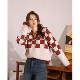 Plaid Sweater Women 2022 Autumn Korean Fashion Turn-down Collar Pullover Knitted Tops Casual Female Clothing