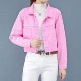 Jackets Coats For Women Autumn Female Long Sleeve New Short Jacket Pink Yellow Pockets Casual Lady Denim Coat