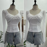Pure-Want Wind Belt Chest Mat Lace Splicing Mesh Yarn Long-Sleeved T-Shirt Short Slim Top