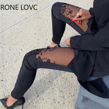 Women Casual High Waist Sheer Mesh Lace Embroidery Patch Skinny Pants Sexy Pencil