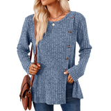 Zingj New Round Collar Solid Color Splicing Button Long Sleeve Loose T Shirt Women-Outfit