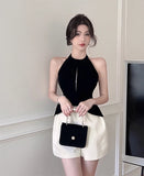 Summer Runway Designer Women Patchwork Shorts Playsuit Blackless Sexy Halter Romper Rufless Elegant Party Rompers