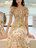 Floral Print Dress Women Summer Elegant Party Midi Dress Casual Puff Sleeve Holiday Lady Dedigner Chic Korean Dress