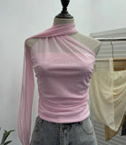 Real Shooting Mesh Ribbon Hanging Neck Folded Sleeveless Top Babes Two-Wearing Design Wrapping Bras