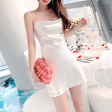 2022 Summer Women Satin Party Dress Spaghetti Strap Sexy Backless Diamond White Short Silk Mini Party