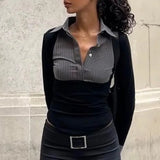 Zingj Women's Autumn Burst Spell Color Stripe POLO Collar Retro Hot Girl Show Thin- Outfit