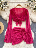 American Holiday Beach Suits Flare Sleeve V Neck Crop Top+One Piece Slim Skirt Fashion Folds Bandage Two Pieces