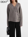 Fashion Women's Knitted Cardigan V-neck Loose Diagonal Buckle Long Sleeve Wool Sweater Coat Autumn 2023 New Tide