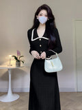 Winter Vintage Knitted Midi Dresses for Women 2023 Elegant Fashion Turn Down Collar Long Sleeves Sweater Female