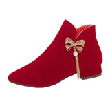 New Bow Water Diamond String Beads Wedding Shoes Korean Version Tassel Thick Heel Comfortable Bride Boots Wine Red Fashion