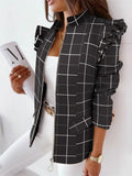 Wholesale Custom Autumn and Winter Ruffle Long Sleeve Zipper Printed Suit Small Coat for Women Women's Jackets