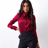 Women Blouse Elegant Wine red Green Satin Shirt Turn Down Collar Longth Sleeve Female Formal Office OL Blouse Women