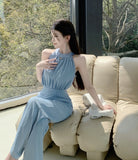 Lady Elegant Hanging Neck Off Shoulder Round Neck Jumpsuit Women's Sleeveless High Waist Slim Fit Wide Leg Jumpsuit