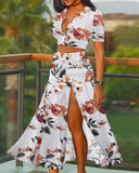 Women Holiday Summer Floral Leaf Print Patchwork Crop Tops High Slit Maxi Dress Two Piece Set Suit Sexy Long Beach