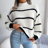 Shooting 2025 Autumn And Winter Casual Striped Lantern Sleeve Half-High Collar Knitted Sweater Women's