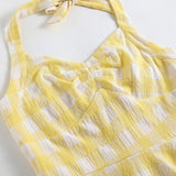 England Style Yellow Plaid Halter Women Party Dress Backless Retro Vintage 50s 60s Short Pin Up Swing Rockabilly