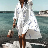 Women Dresses Turn-down Collar Print Casual Long Sleeve Shirt Dress Plus Size Loose Beach Party Vestidos Robe
