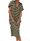 Zingj Summer Dress Women's V-Neck Stripe Low Slit Lapel Long Sweater Even-Outfit