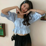 Women New Fashion Summer Blouses Ruffles Square Collar Corp Top Novelty Womens Pure Sweet Elegant Trendy Pleated