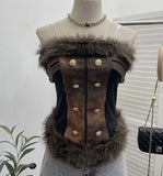 Real-Patted Leather Bra Waist Waist Coat Hair Spliced Pu Leather Slings To Collect Waist Thin Short Sleeveless Top