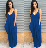 Summer New Sexy Spaghetti Strap Backless Deep V Neck Women's Maxi Dress Fashion Casual Solid Pocket Ladies Dresses