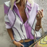 Elegant Long Sleeve Chain Print Blouse Casual Turn-down Collar Work Tops Oversized Office Lady Shirt Oversized