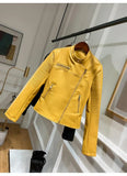 Yellow Faux Leather Jackets 2020 Women Autumn Leather Jacket Female O-neck Zipper Long Sleeve Motorcycle Biker